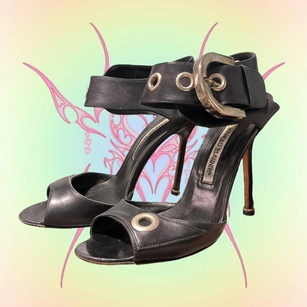 Manolo Blahnik Koyu 115 Black Leather Grommet Heels Peep Toe